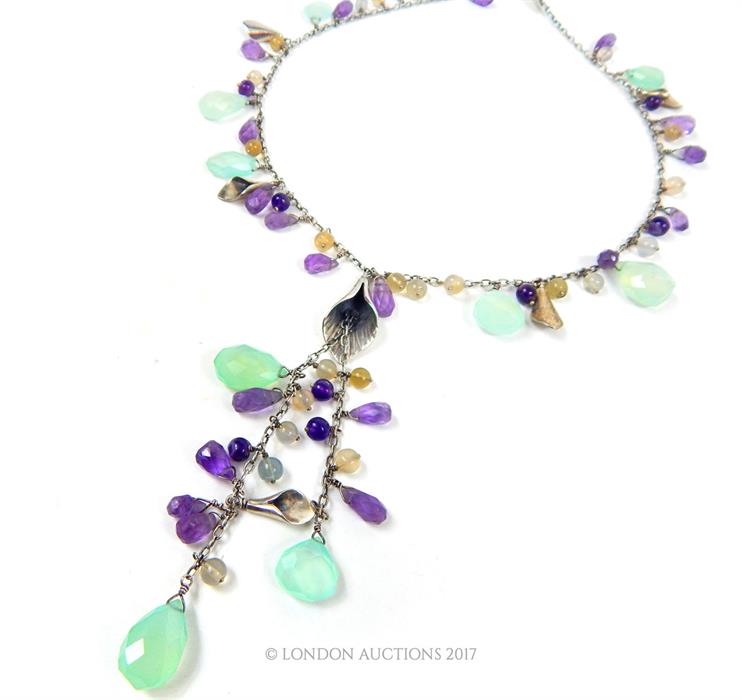 An elegant, long, sterling silver, amethyst, iolite and quartz drop necklace - Image 2 of 2