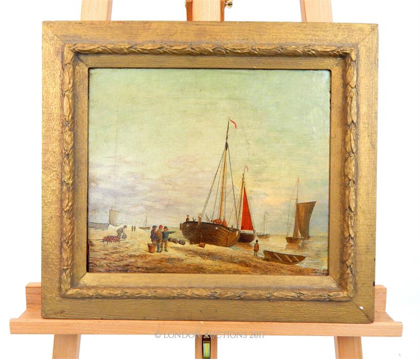 Unattributed, A charming, framed, 19th century oil on board of fishermen at low tide