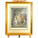 A large, gilt-framed, 19th century, hand-coloured engraving entitled, 'Dancing Dogs'