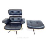 A bentwood and black leatherette reclining chair with matching foot stool