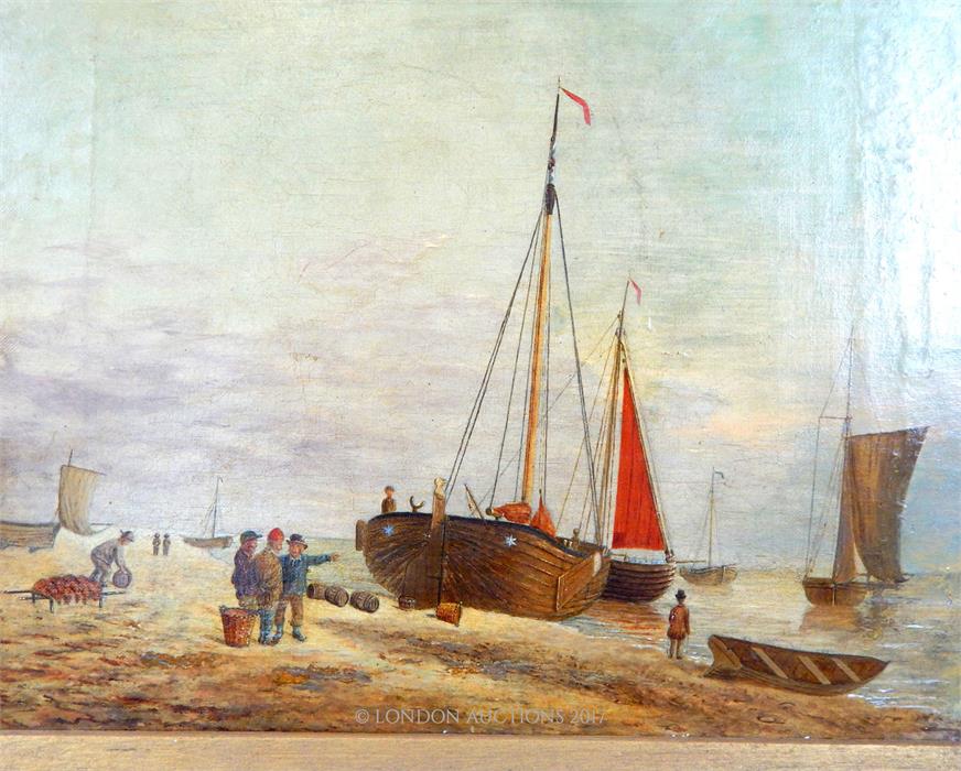 Unattributed, A charming, framed, 19th century oil on board of fishermen at low tide - Image 2 of 2