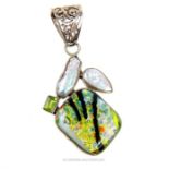 A silver, baroque pearl, peridot and dichroic glass pendant