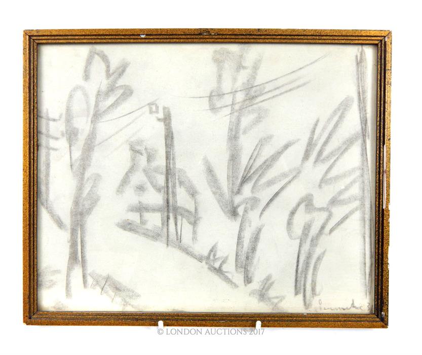 A pencil landscape on paper depicting trees and telephone poles