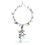 An elegant, long, sterling silver, amethyst, iolite and quartz drop necklace