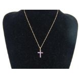 A vintage, 9 ct yellow gold and amethyst cross pendant and chain