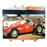 Eleonora Bohm (1979-), a classic Alfa Romeo racing car at pit stop; oil on canvas, signed verso;