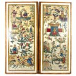 A pair of large textiles comprising ivory coloured silk panels, with crewel work