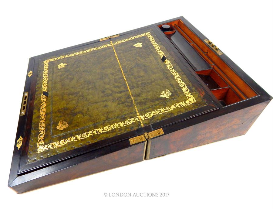 A Victorian burr walnut and brass bound writing slope; 40.5cm wide.