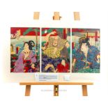 Kunisada III (1848-1920), Japanese Kabuki triptych of woodblock prints