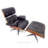 A designer style plywood and faux brown leather chair with matching stool