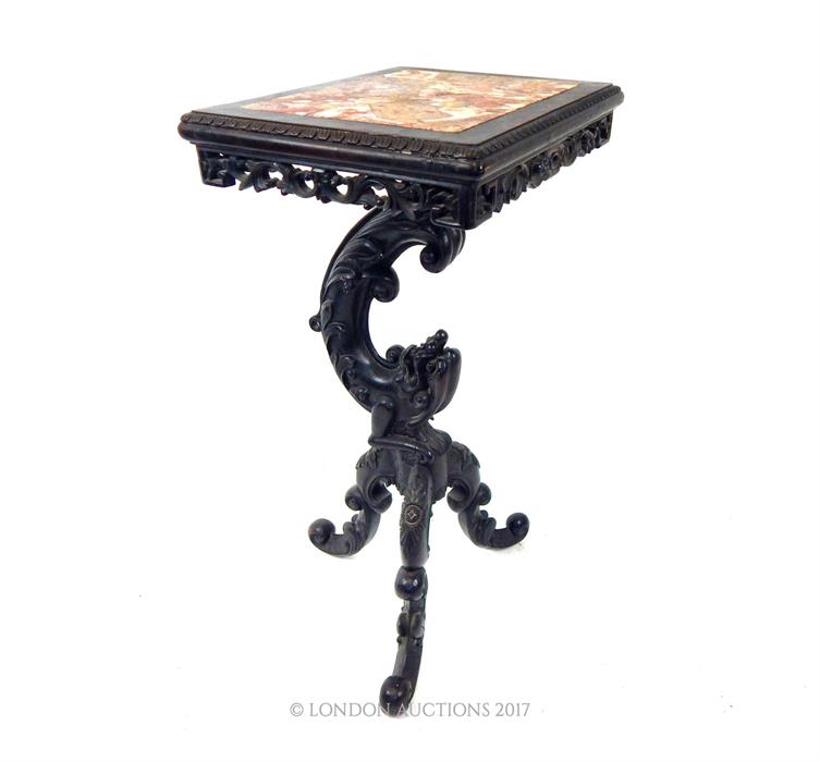 A Chinese rectangular topped table with marble inlay, with a carved dragon support raised above - Image 2 of 3