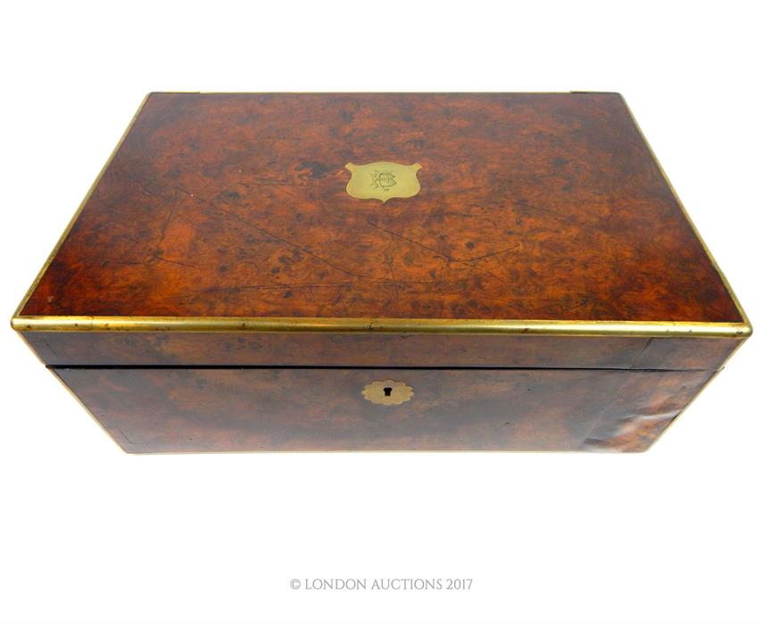 A Victorian burr walnut and brass bound writing slope; 40.5cm wide. - Image 2 of 3