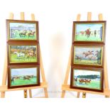 Six 1920s horse racing paintings, each depicting horses and riders from different angles and