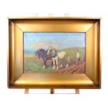 C. H. Warr "Shire horses pulling a plough" oil painting