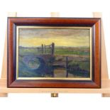 A 20th century, bridge and field scene; oil on board; unsigned; sight size 22.5cm x 32.5cm.