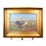 C. H. Warr "Shire horses pulling a plough"; signed; oil on canvas; sight size 39cm x 59cm.