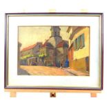 Felix Andrews, (20th century, British) "Continental Street scene with church tower"; watercolour;