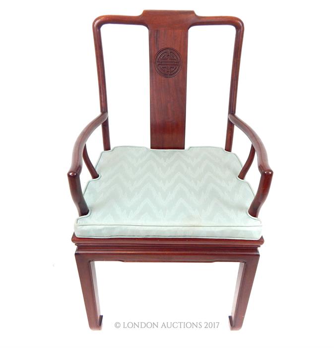 A Chinese, hardwood hall chair with mint green fitted seat cushion - Image 2 of 2