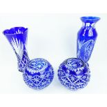 Four, deep blue and clear glass, engraved items