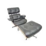 A designer bent wood reclining chair with foot stool with black leatherette upholstery.