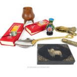 A collection of Oriental items including a Tibetan prayer container