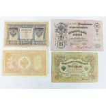 Four pre-revolution Russian banknotes