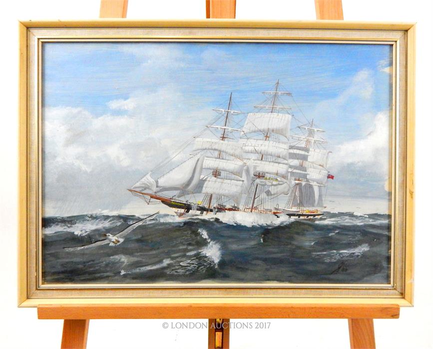 J. Ree, (British), A large, framed, detailed gouache of a clipper boat on choppy waters