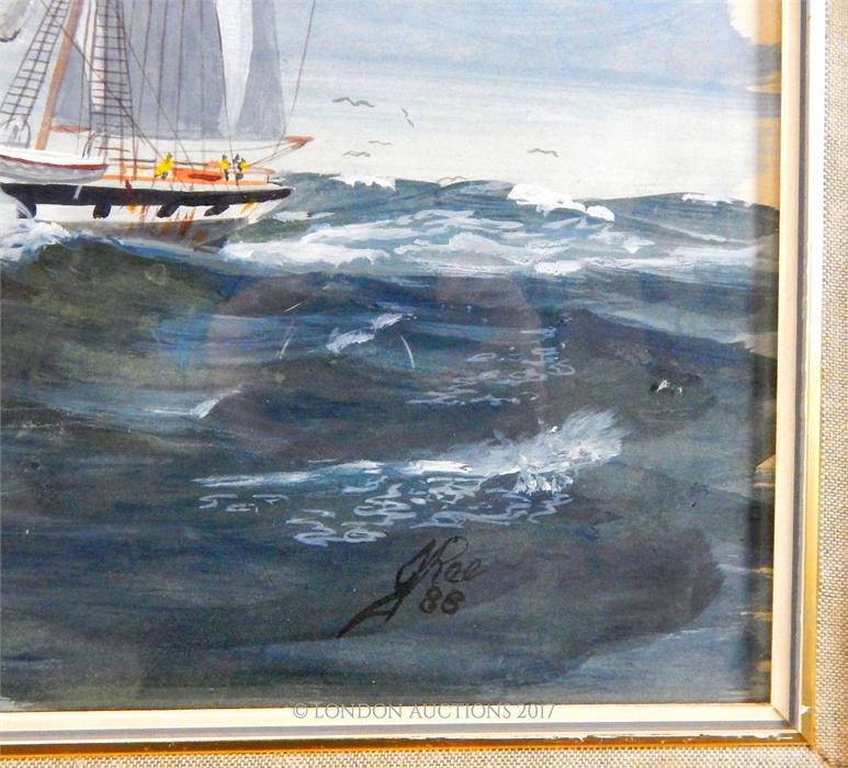 J. Ree, (British), A large, framed, detailed gouache of a clipper boat on choppy waters - Image 2 of 2