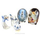 A collection of items including two Rex Valencia porcelain clown musicians, a musical figurine,