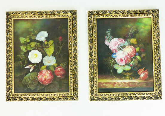 Jane Piper, a pair of still life paintings of flowers in the Northern Renaissance style, oil on