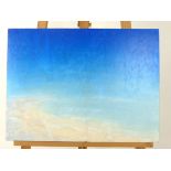 An atmospheric oil on canvas of a pale, sandy beach and azure skies