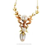 An Art Nouveau, yellow and rose gold and saltwater, natural pearl nacklace