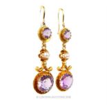 A pair of antique, 18 ct yellow gold, French, amethyst and faux pearl drop earrings