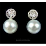 A pair of 18 ct white gold, Southsea pearl and diamond drop earrings