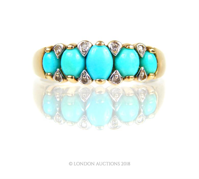 A 9 ct yellow gold, diamond and turquoise five-stone ring - Image 3 of 3