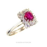 A fine, 18 ct white gold, diamond and ruby cluster ring