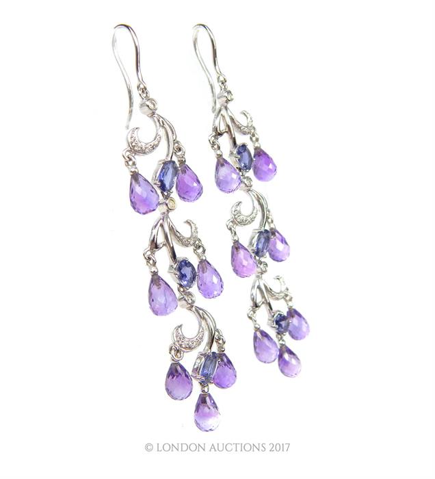 A boxed pair of 18 ct white gold, diamond, amethyst and iolite earrings - Image 2 of 2