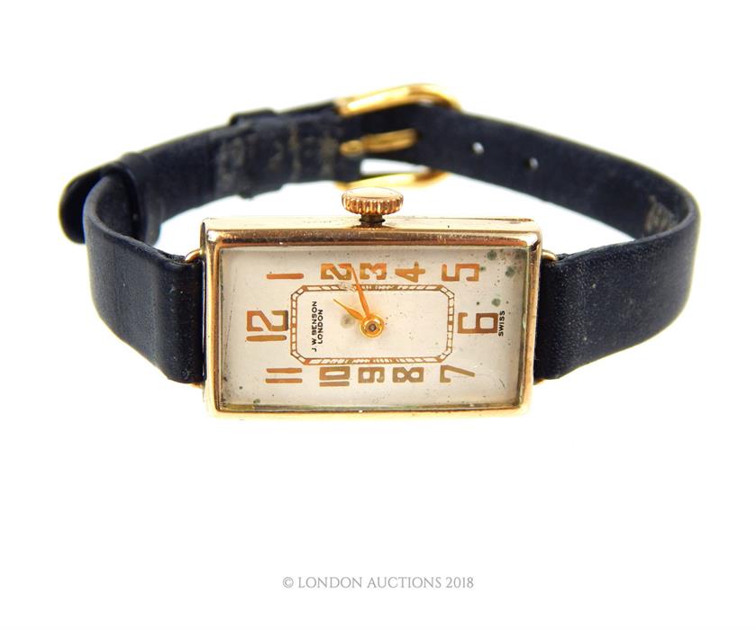 A 9 ct yellow gold, rectangular, Art Deco wristwatch by J.W. Benson - Image 2 of 2
