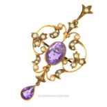 An Edwardian, 9 ct yellow gold, amethyst and seed pearl drop pendant