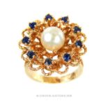 A 14 ct yellow gold, natural, Akoya pearl and sapphire cluster ring