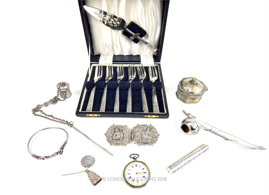 A collection of Asian silver and white metal items together with a silver pocket watch