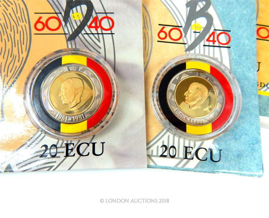 A set of three, cased, yellow gold and alloy, Belgian, 20 ECU coins - Image 2 of 3