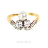 An 18 ct yellow gold and platinum, Art Nouveau, twin diamond and natural pearl ring