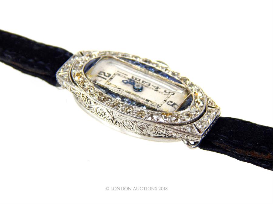 A stunning platinum, diamond and sapphire, Art Deco ladies wristwatch - Image 2 of 3