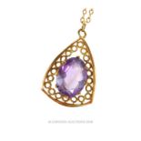 A 9 ct yellow gold, large amethyst and filigree pendant