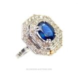 A platinum, Art Deco, French, diamond and sapphire ring