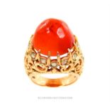 An antique, 18 ct yellow gold, pierced, diamond and carnelian cabochon ring