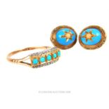 A 9 ct yellow gold, 19th century, turquoise ring and stud earrings