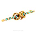 A 15 ct yellow gold, Victorian bar brooch, studded with turquoises and seed pearls