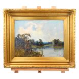 H. Bord, A late 19th century, gilt-framed, oil on board of a river landscape